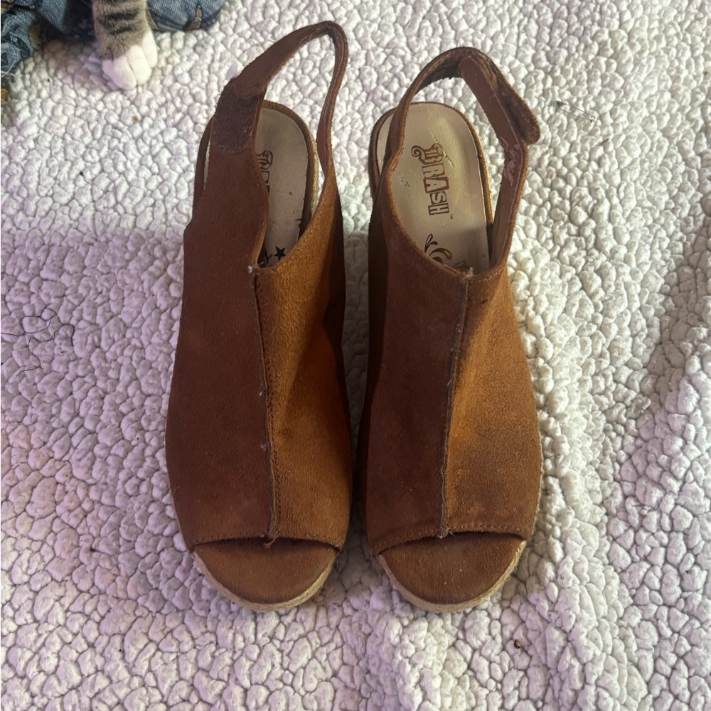 Thrasher Brown Suede Peep-Toe Slingback Wedge Sandals